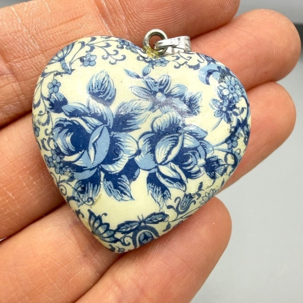 Blue and White Floral Puffy Heart Pendant 1.25" Transferware Cottagecore‎ Summer